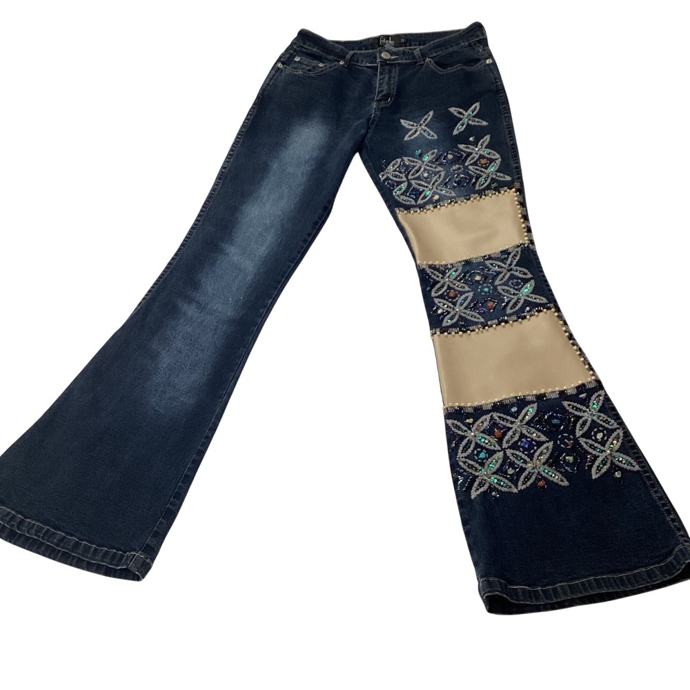 Fitelle Paris Embellished‎ Bootcut Jeans Size 27 Beaded Patchwork Denim boho–Y2K